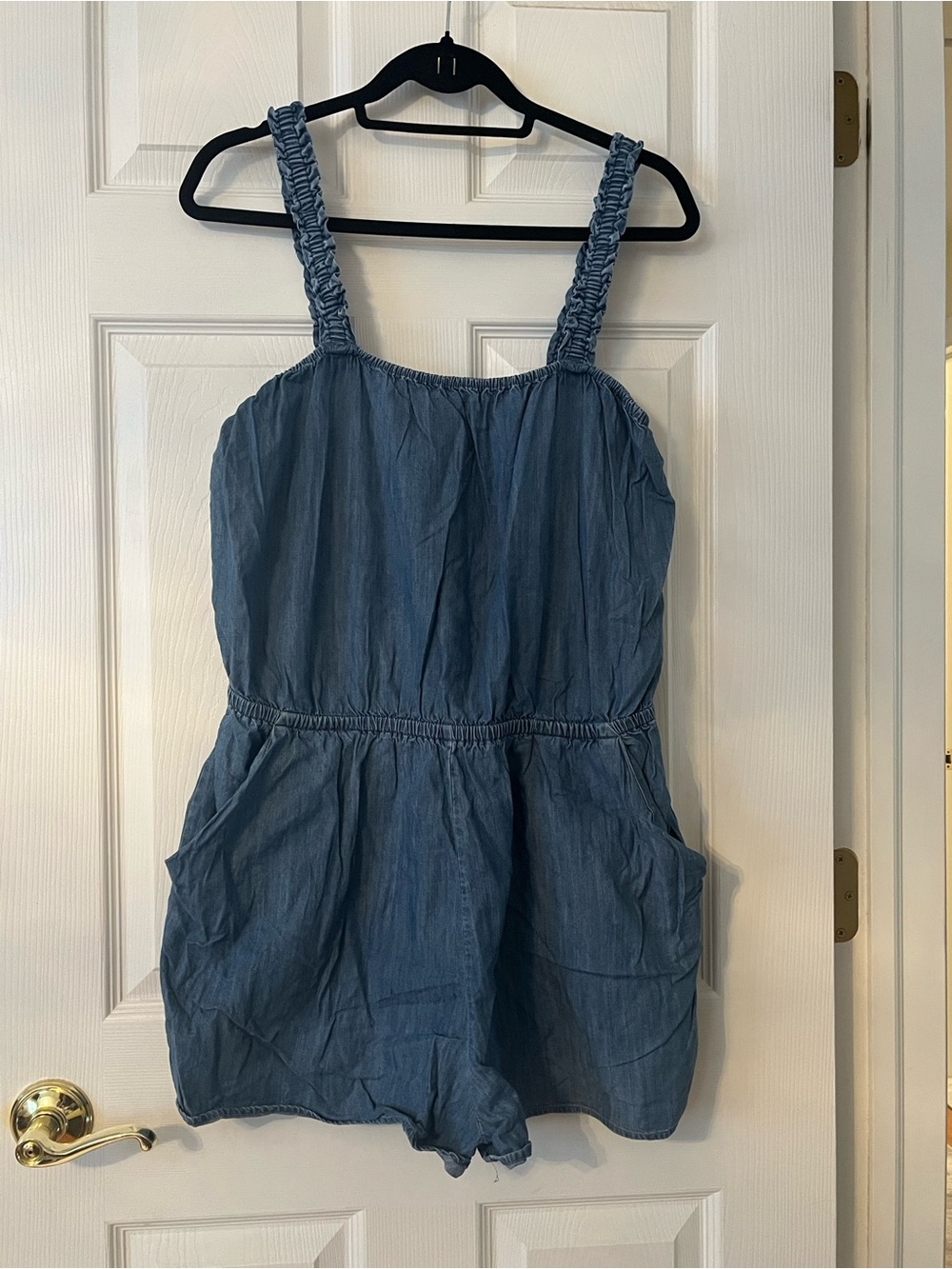 Express Blue Denim-Look Romper with Smocked Straps